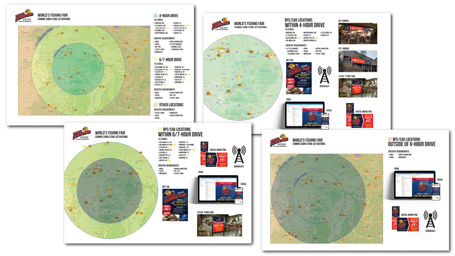 World’s Fishing Fair regional maps showing drive-distance audience groups and the creative planned for each group.