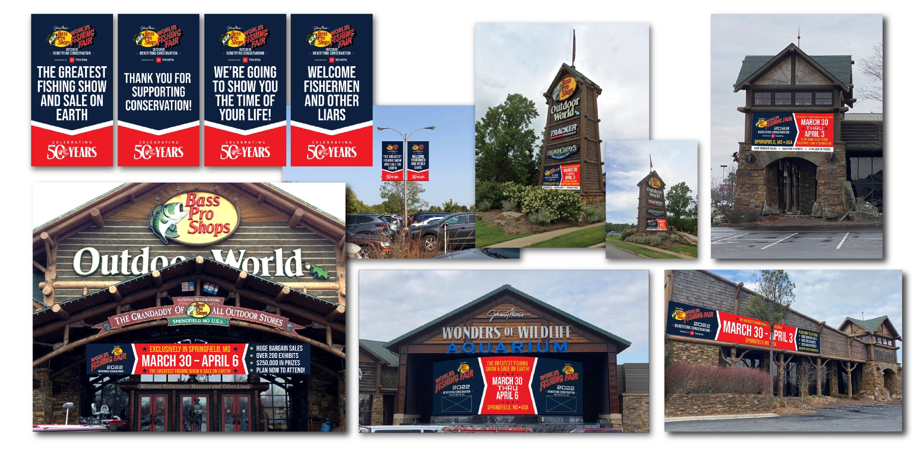 Event banners and outdoor signs shown across Bass Pro Shops entrances, parking areas and the aquarium facade.