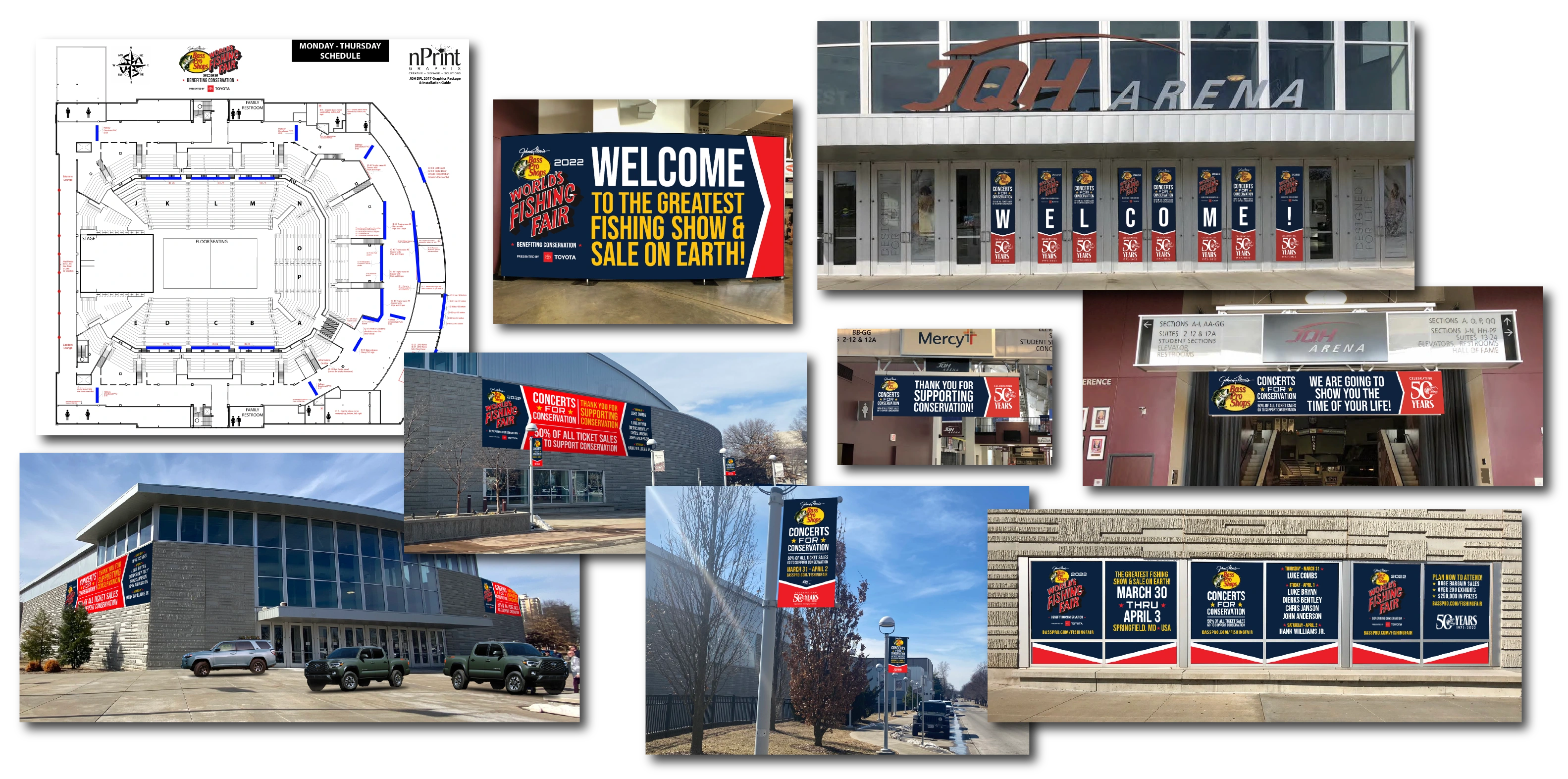 Arena floor plan, concert banners, entrance graphics and photographs of World’s Fishing Fair venue signage.
