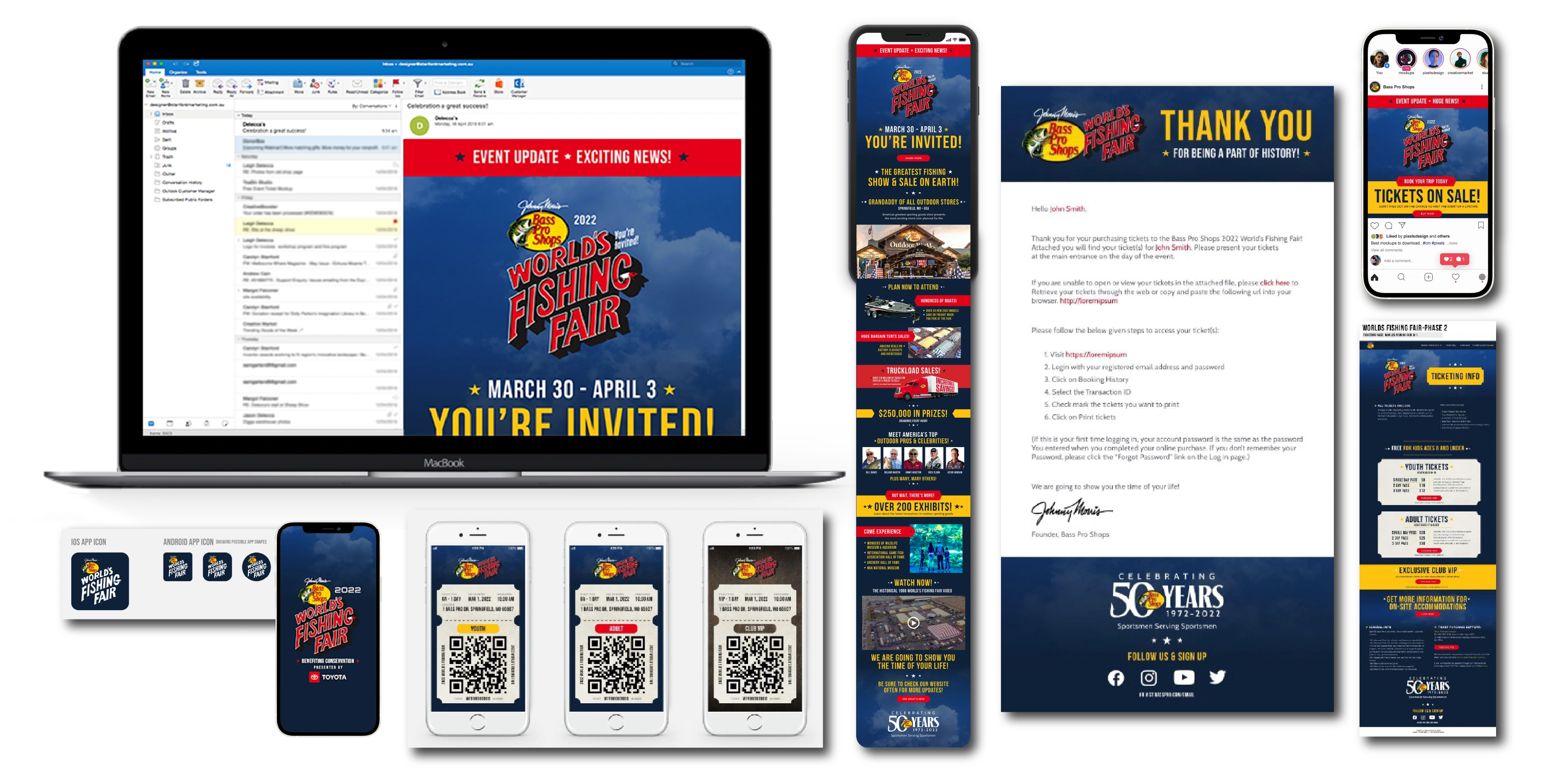 World’s Fishing Fair email, social, mobile app, digital ticket and event website compositions.