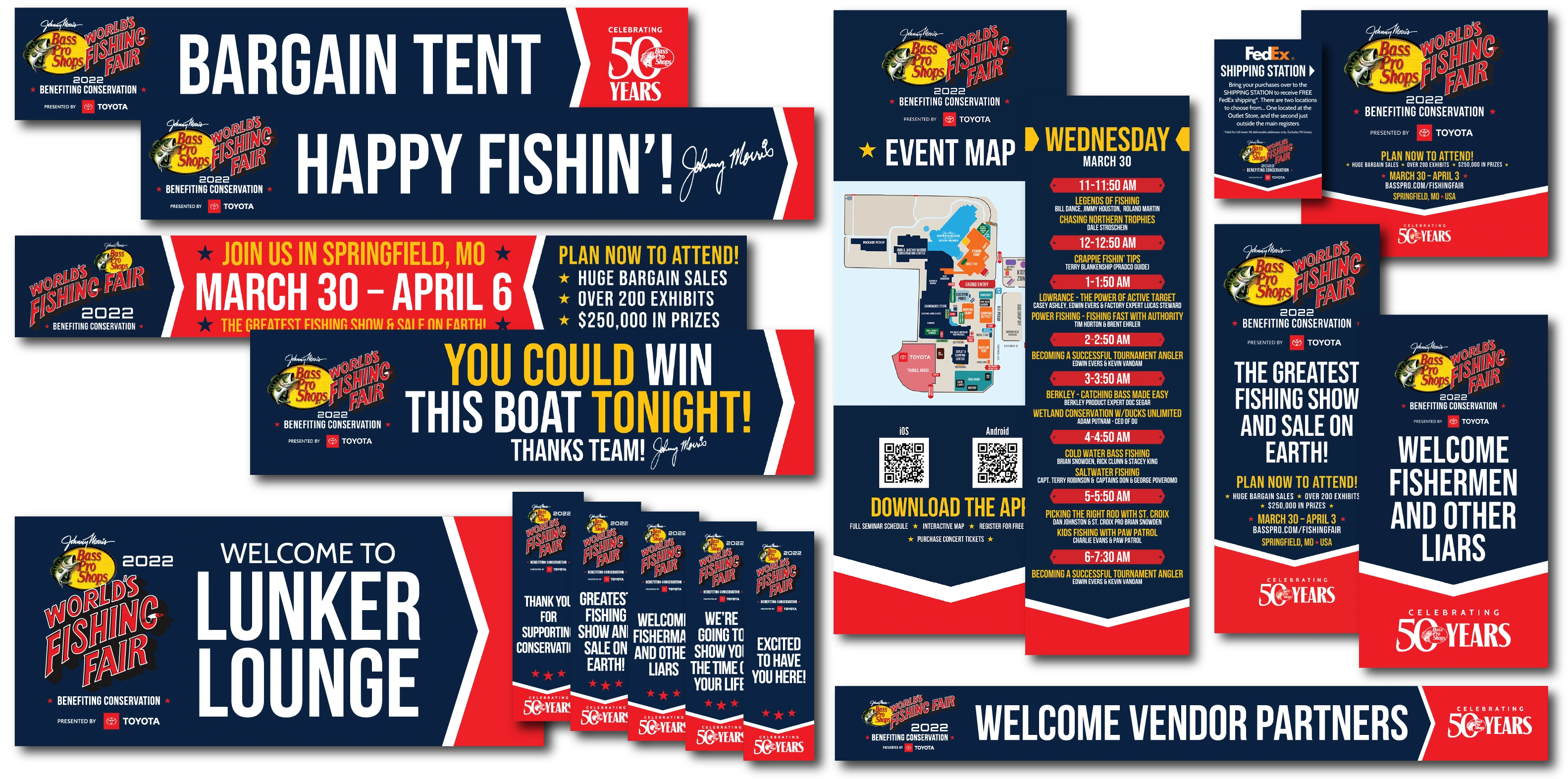 A collection of World’s Fishing Fair banners, event maps, daily schedules and welcome signs.