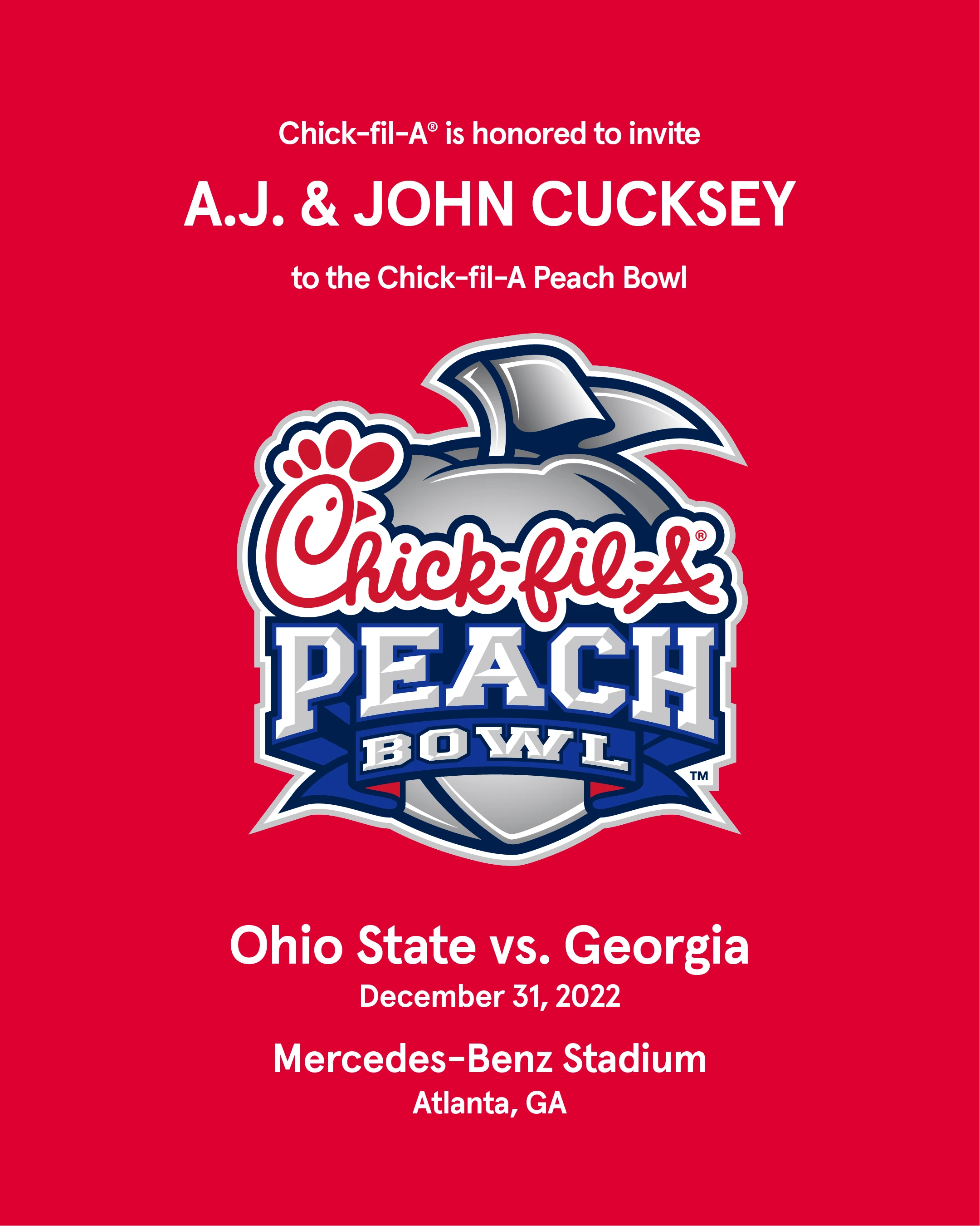 Red Chick-fil-A Peach Bowl invitation artwork