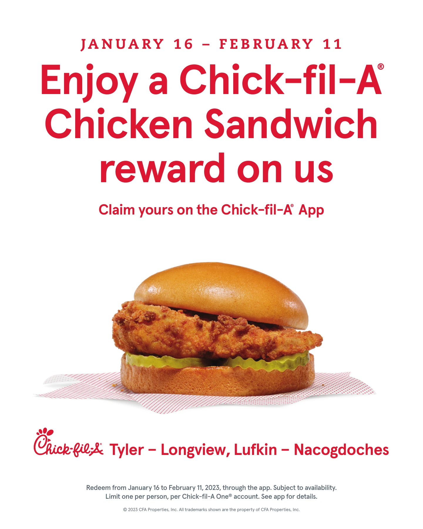 Tyler and Longview chicken sandwich giveaway flyer