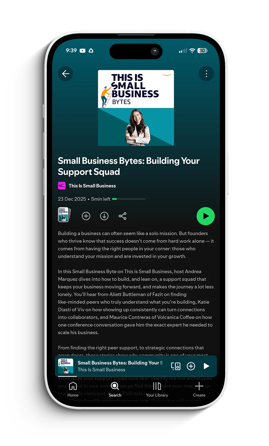 This Is Small Business Bytes podcast cover displayed in Spotify on an iPhone.