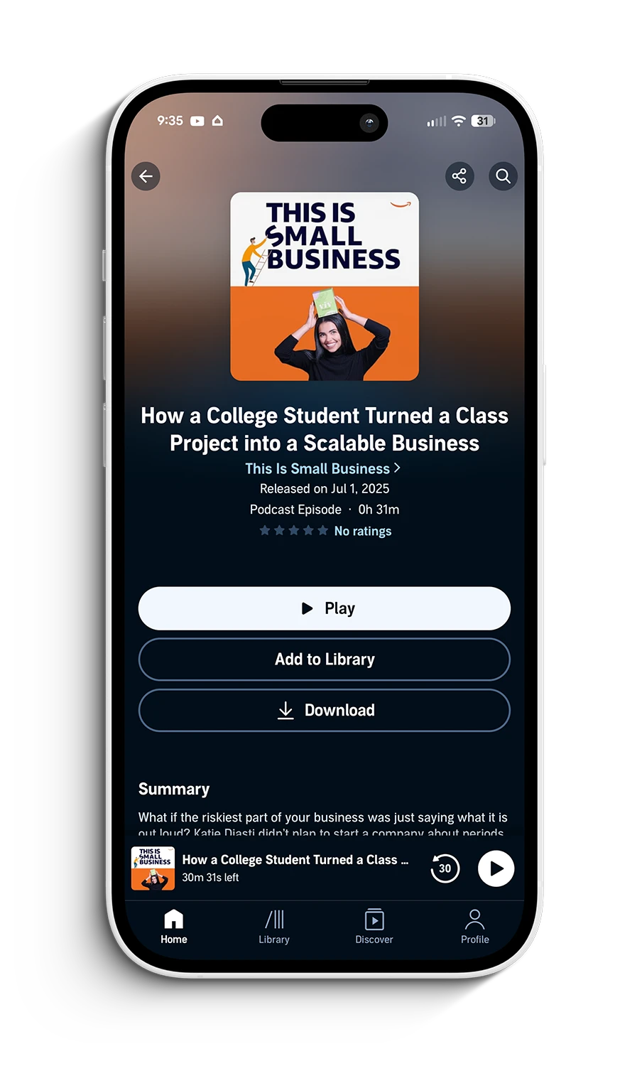 This Is Small Business podcast cover displayed in Audible on an iPhone.