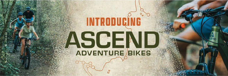 Introducing Ascend Adventure Bikes in-store sign with two woodland riding images.