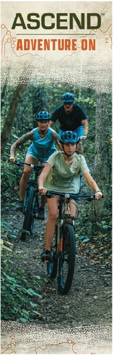 Tall Ascend Adventure On in-store sign with a trail rider.