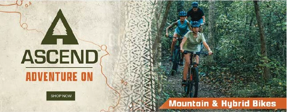 Mountain and Hybrid Bikes category banner with a trail rider.