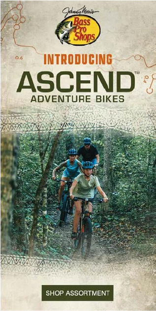 Tall Bass Pro Shops Introducing Ascend Adventure Bikes banner with a trail rider.