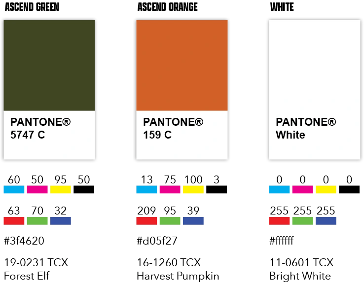 Ascend green, orange and white color specifications.