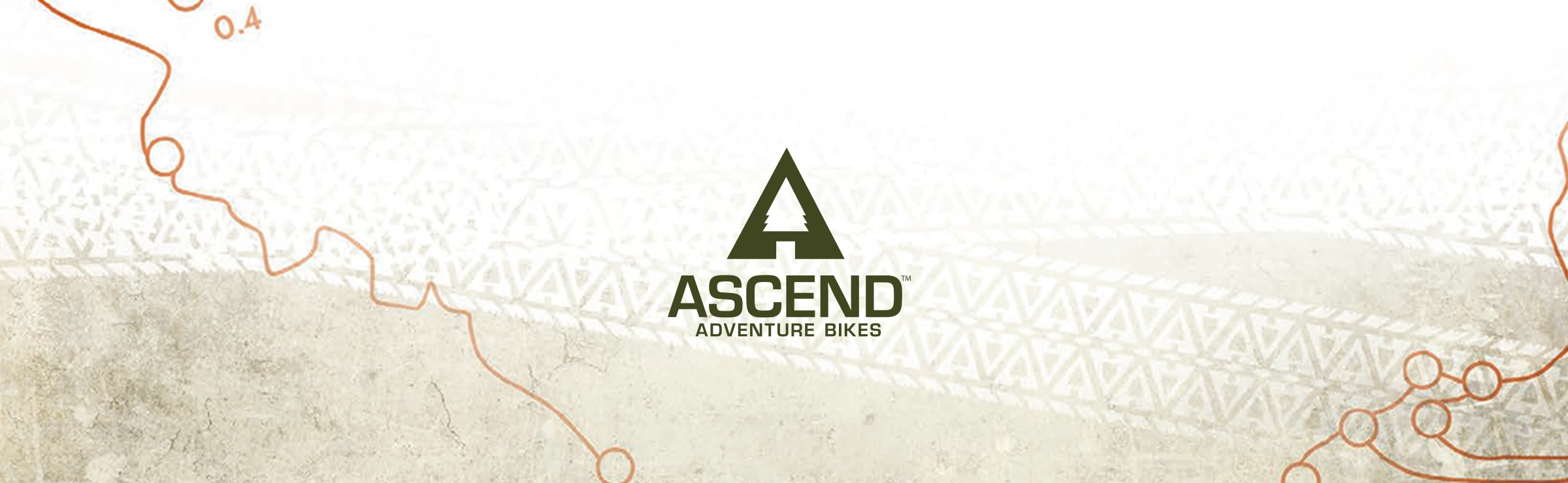 Ascend Adventure Bikes logo over trail-map lines and tire-track texture in a wide, shallow composition.
