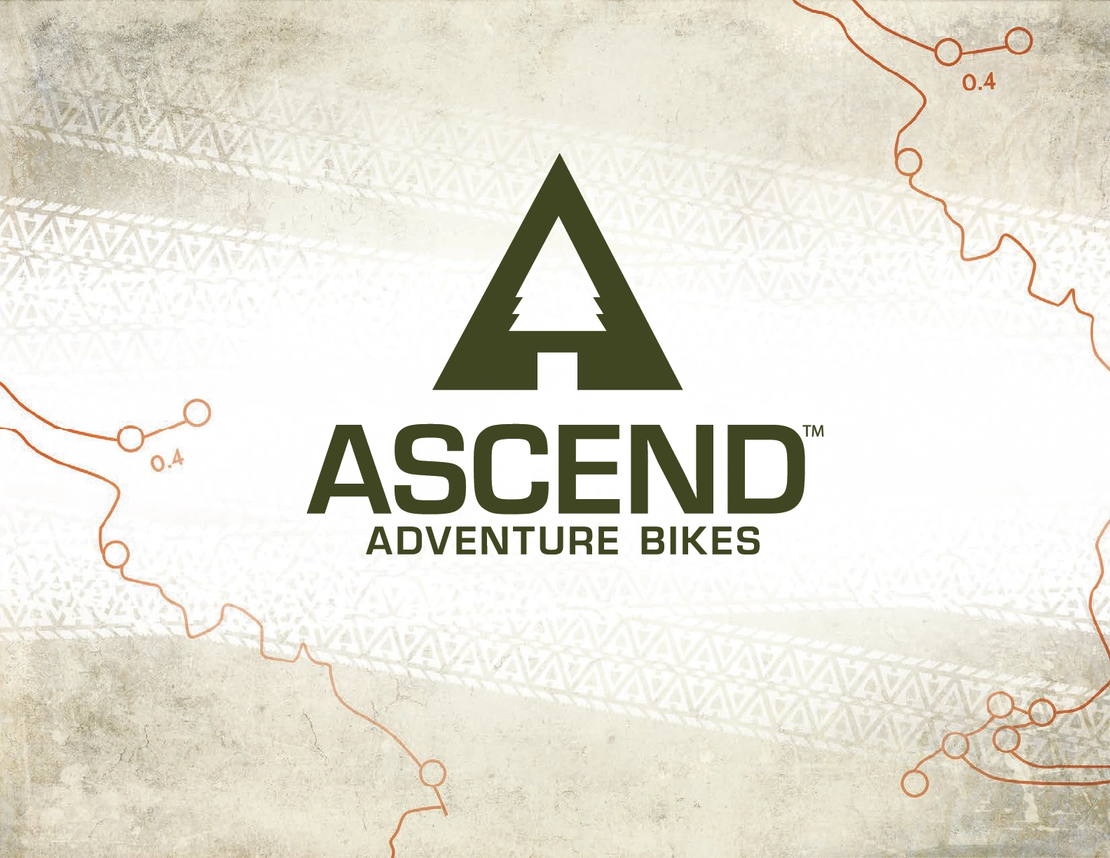 Green Ascend Adventure Bikes logo on a pale trail-map and tire-track background.