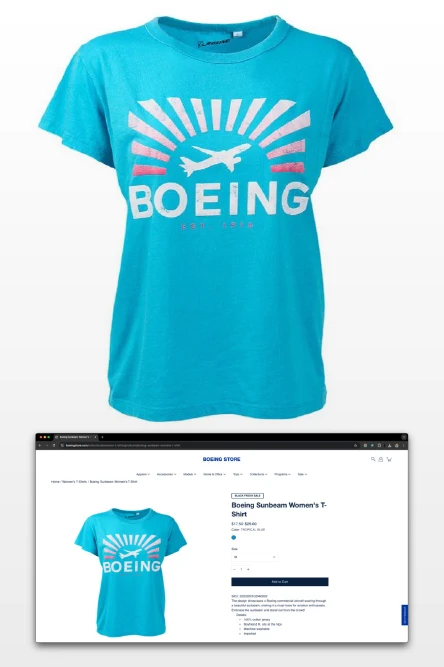 Boeing turquoise shirt reference with its original storefront context.