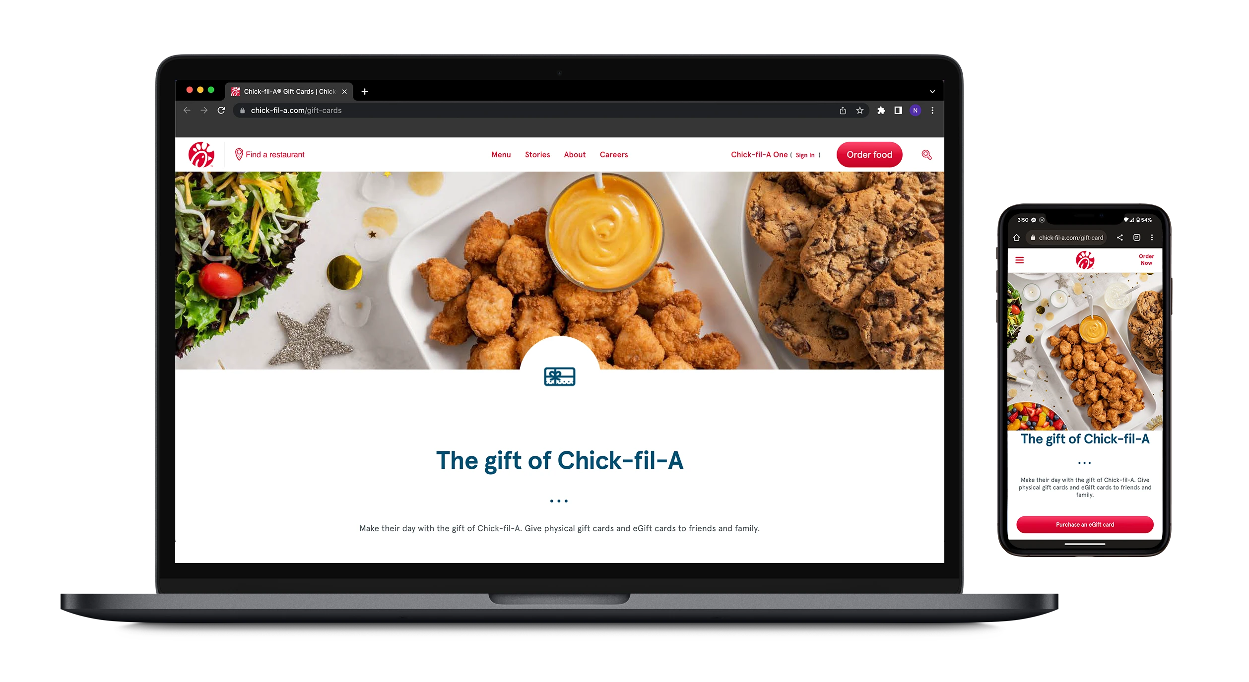 Chick-fil-A gift-card landing page shown on a laptop and phone