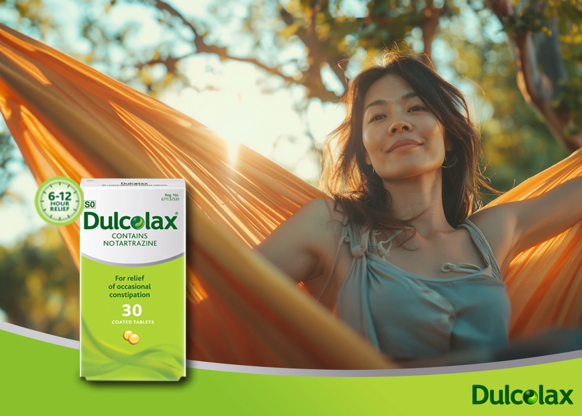 Dulcolax advertising concept with a woman relaxing in a hammock.