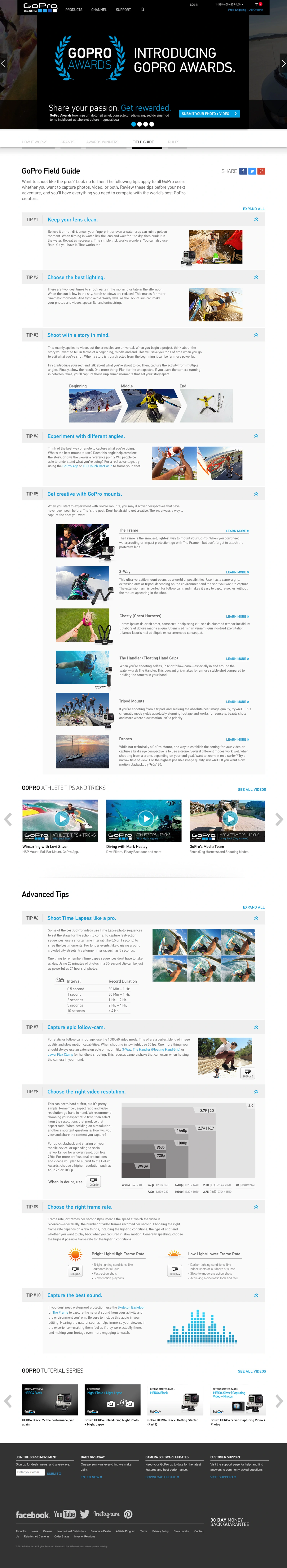 Complete GoPro Awards field-guide landing page, from the submission introduction through shooting tips, advanced camera guidance and tutorials.
