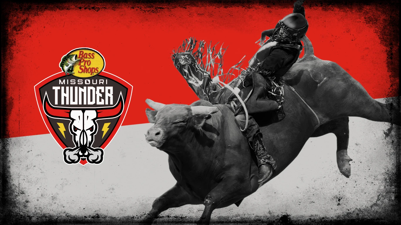 Missouri Thunder bull rider campaign artwork with the team logo on a red and white background.