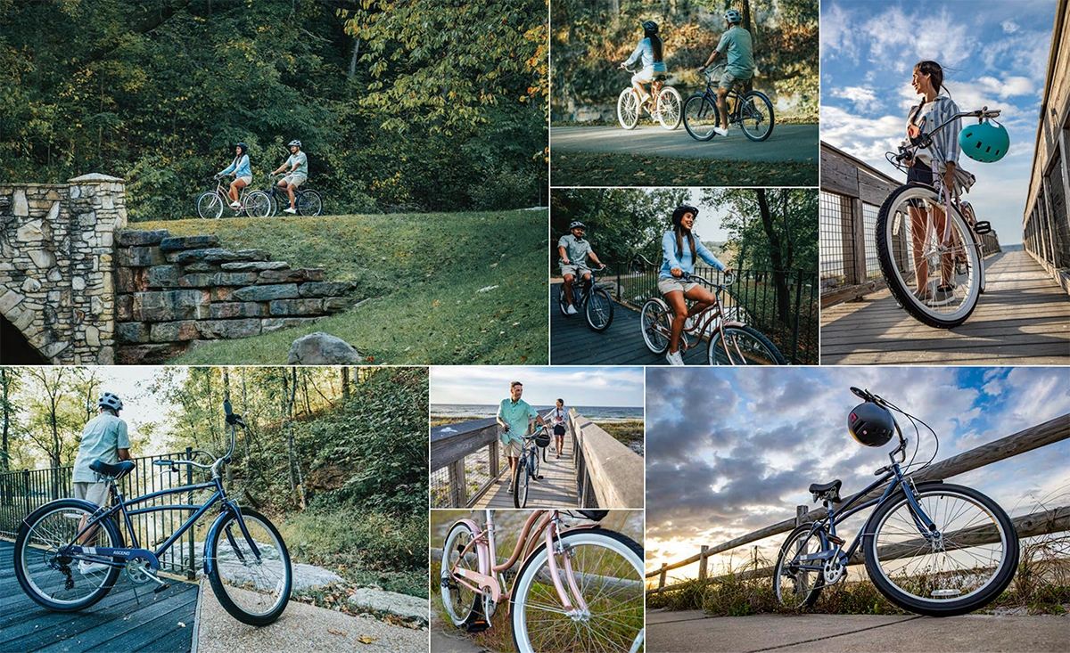 Collage of cruiser and hybrid bicycles with riders in park and urban settings.