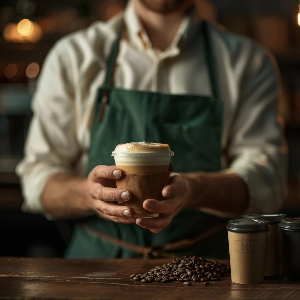 AI-generated Starbucks pre-production image of a barista holding a coffee drink.