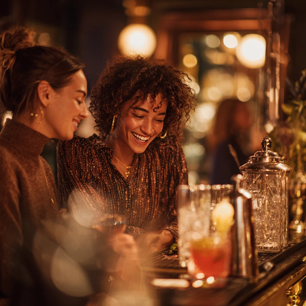 AI-generated scene of two friends at a warmly lit cocktail bar.