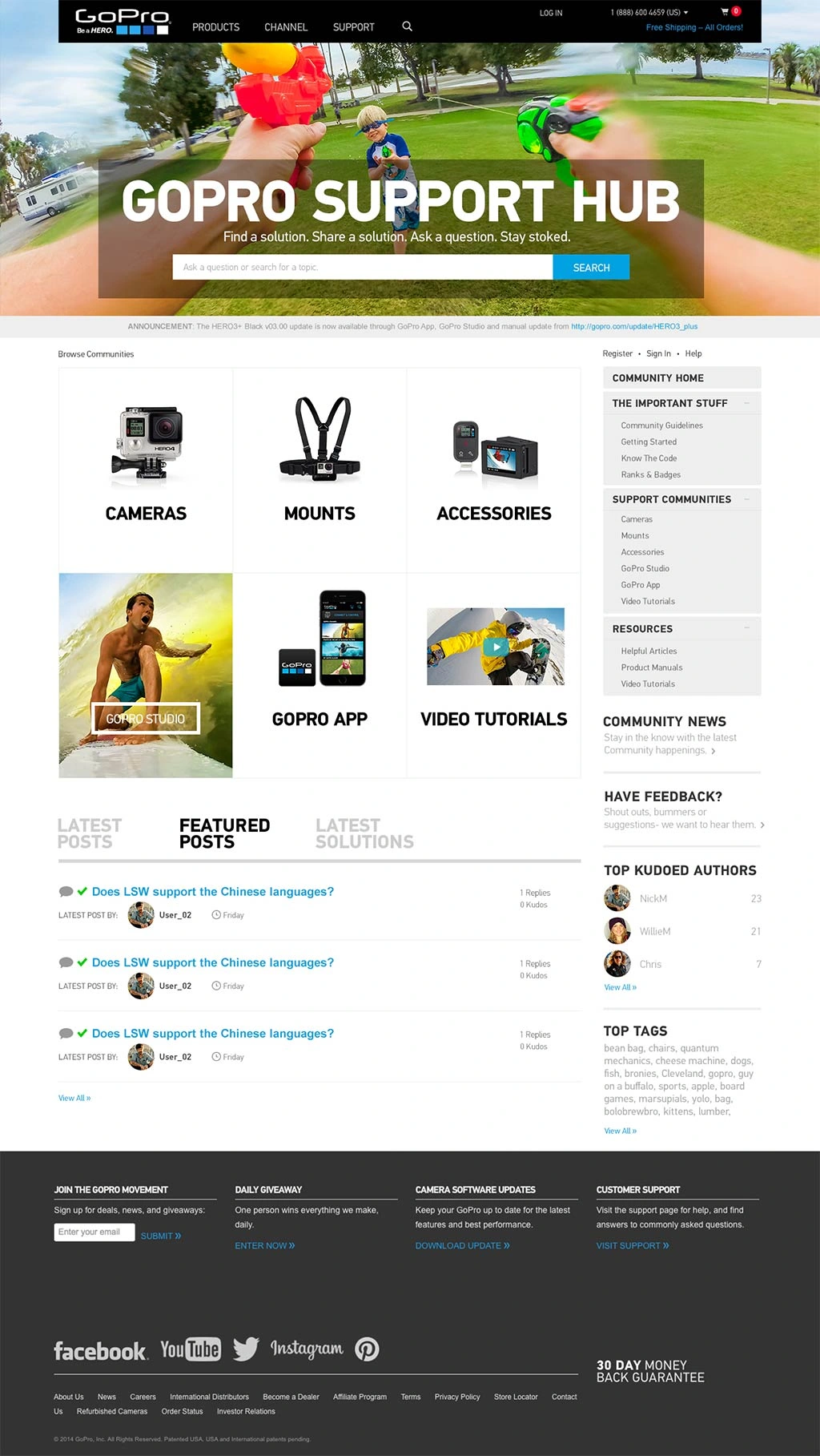 GoPro Support Hub homepage, shown in full.