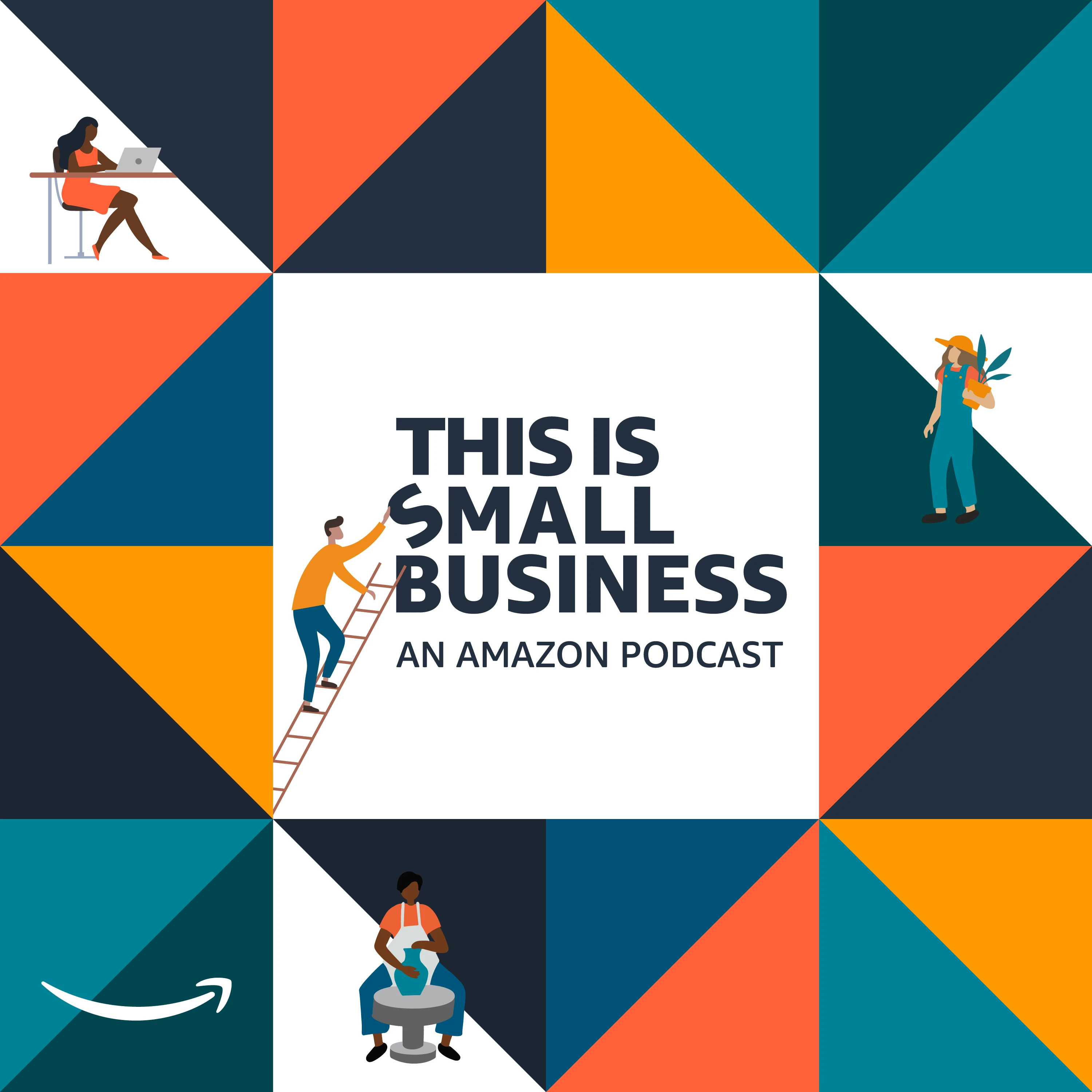 This Is Small Business podcast cover framed by geometric illustrations in teal, orange and dark blue.