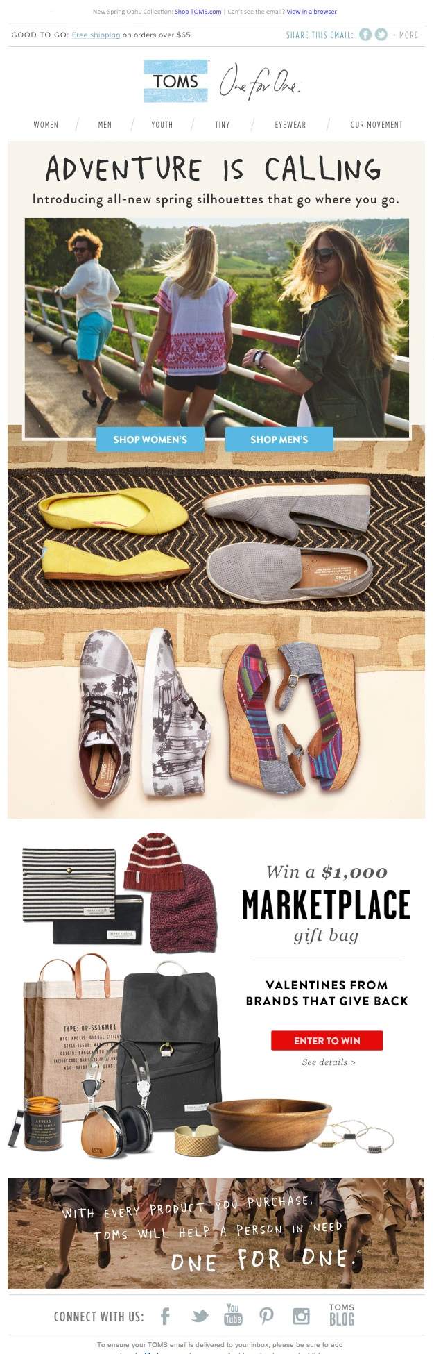 Adventure-themed email with spring footwear and Marketplace products