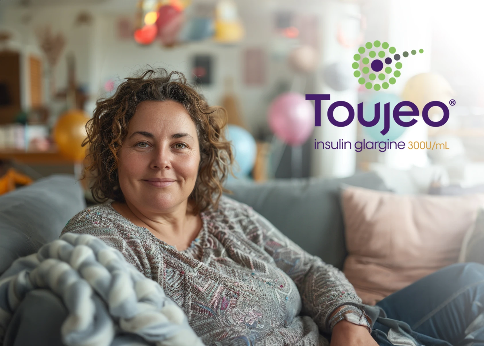 Toujeo advertising concept with a woman at a birthday gathering.