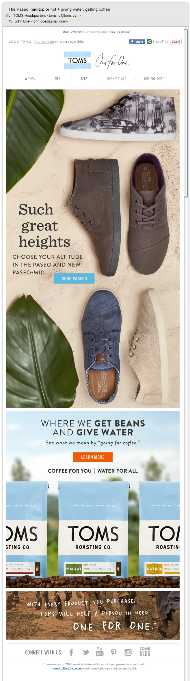 Email featuring burlap shoes and TOMS coffee