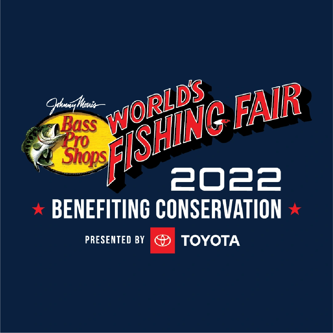 World’s Fishing Fair 2022 logo, benefiting conservation and presented by Toyota, on navy.