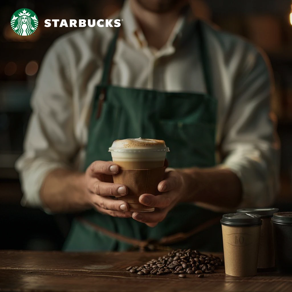 Starbucks logo above an AI-generated barista holding a coffee drink.