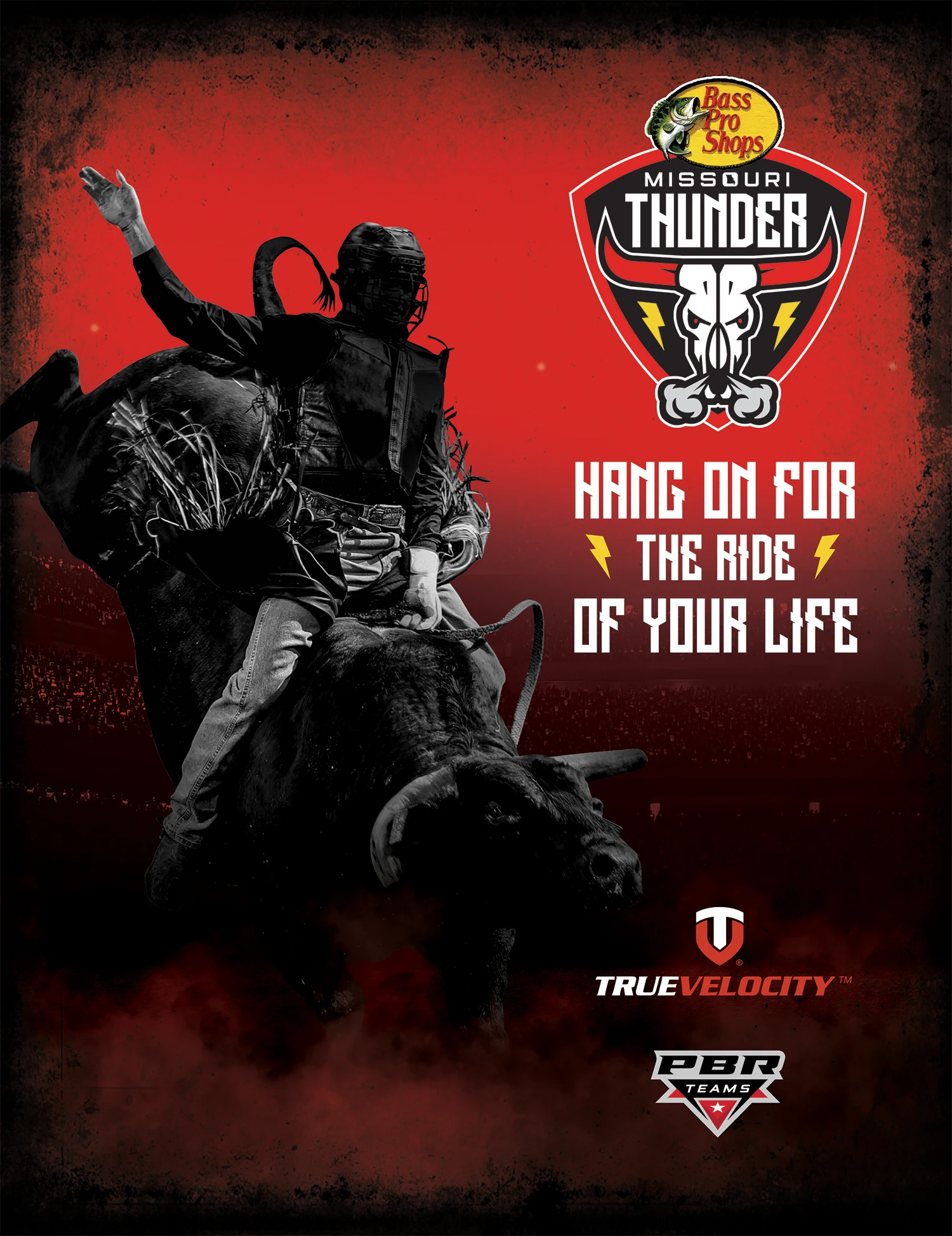 Bull rider poster with the Missouri Thunder logo and campaign message.