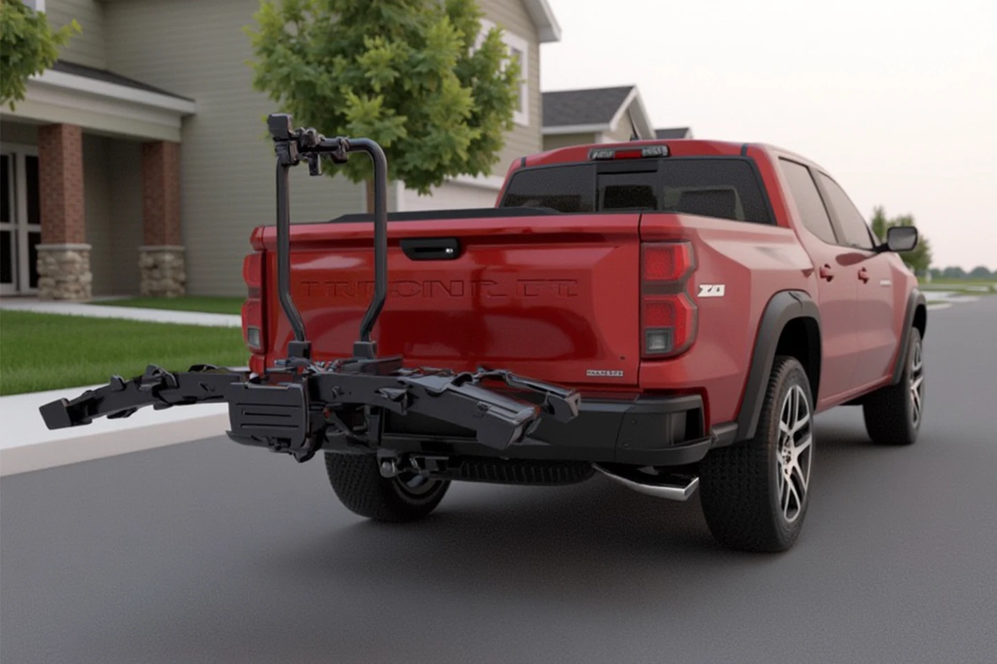 Early AI-generated scene with a bike rack on a red pickup in a residential driveway.