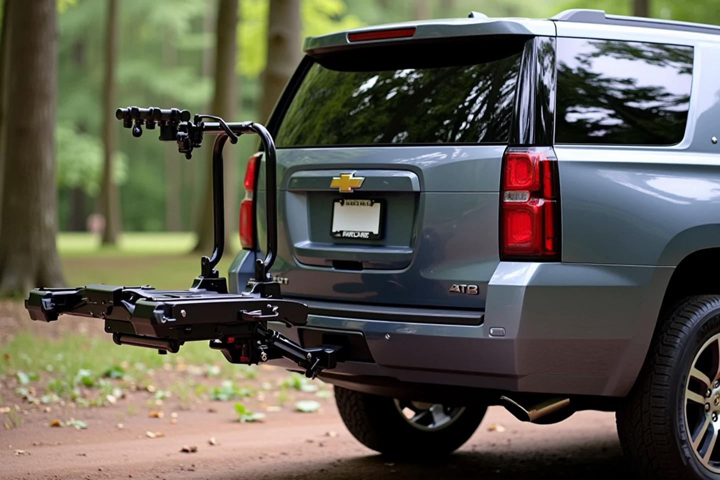 Early AI-generated scene with a bike rack on an SUV in a wooded setting.