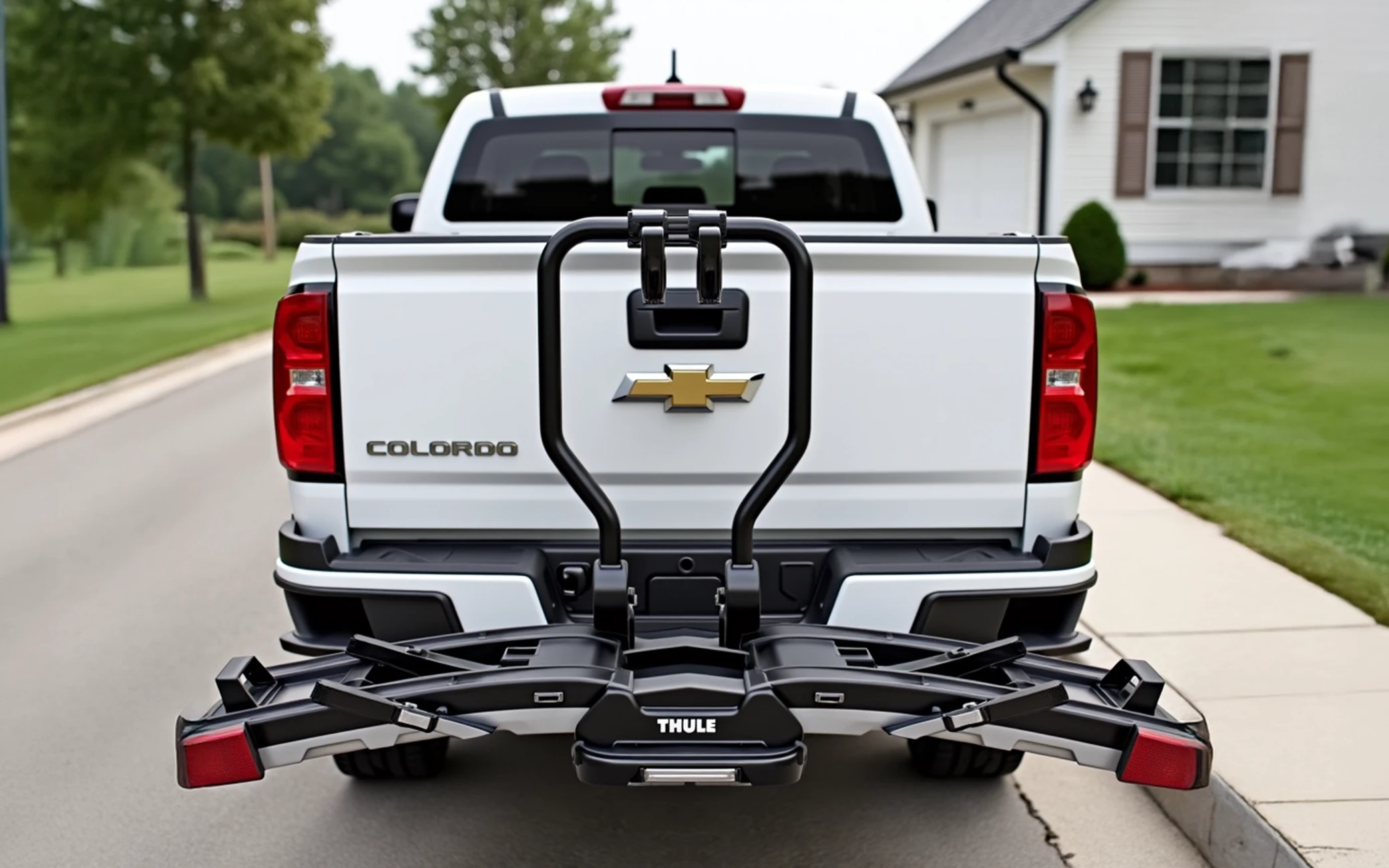 Refined AI-generated rear view of the white pickup and complete bike rack.