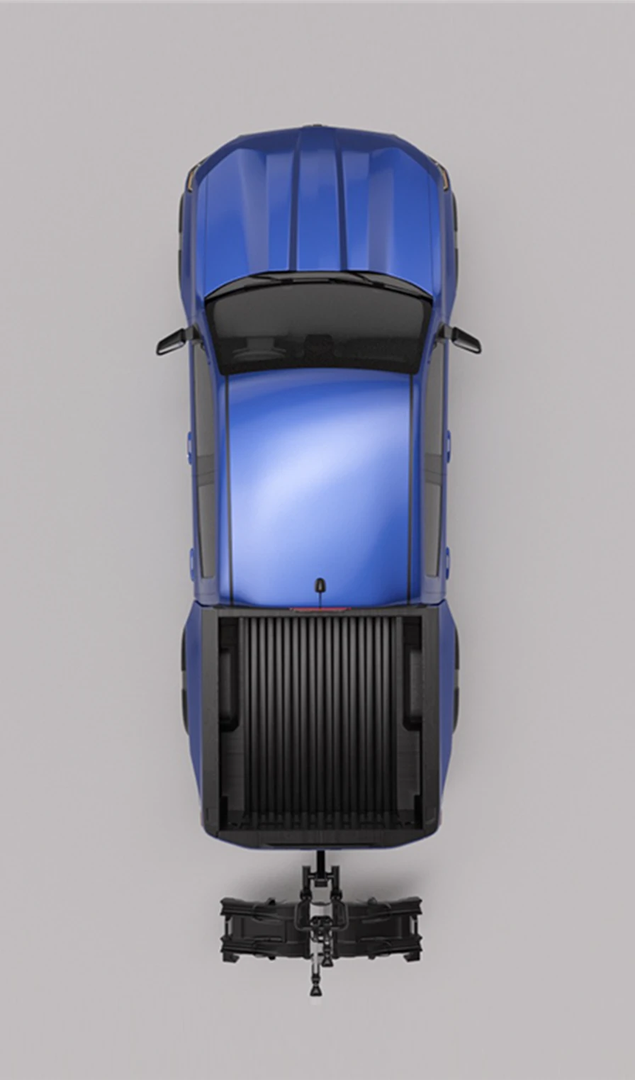 Tall overhead view of the pickup and mounted bike rack.