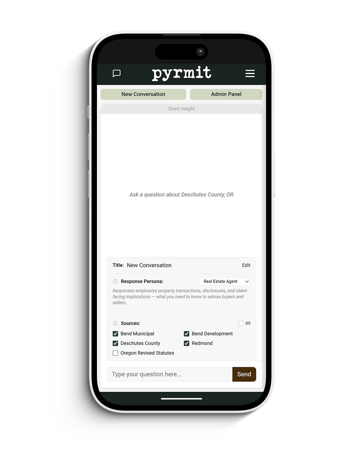 pyrmit conversation setup on an iPhone, showing response persona and regulatory source selection.