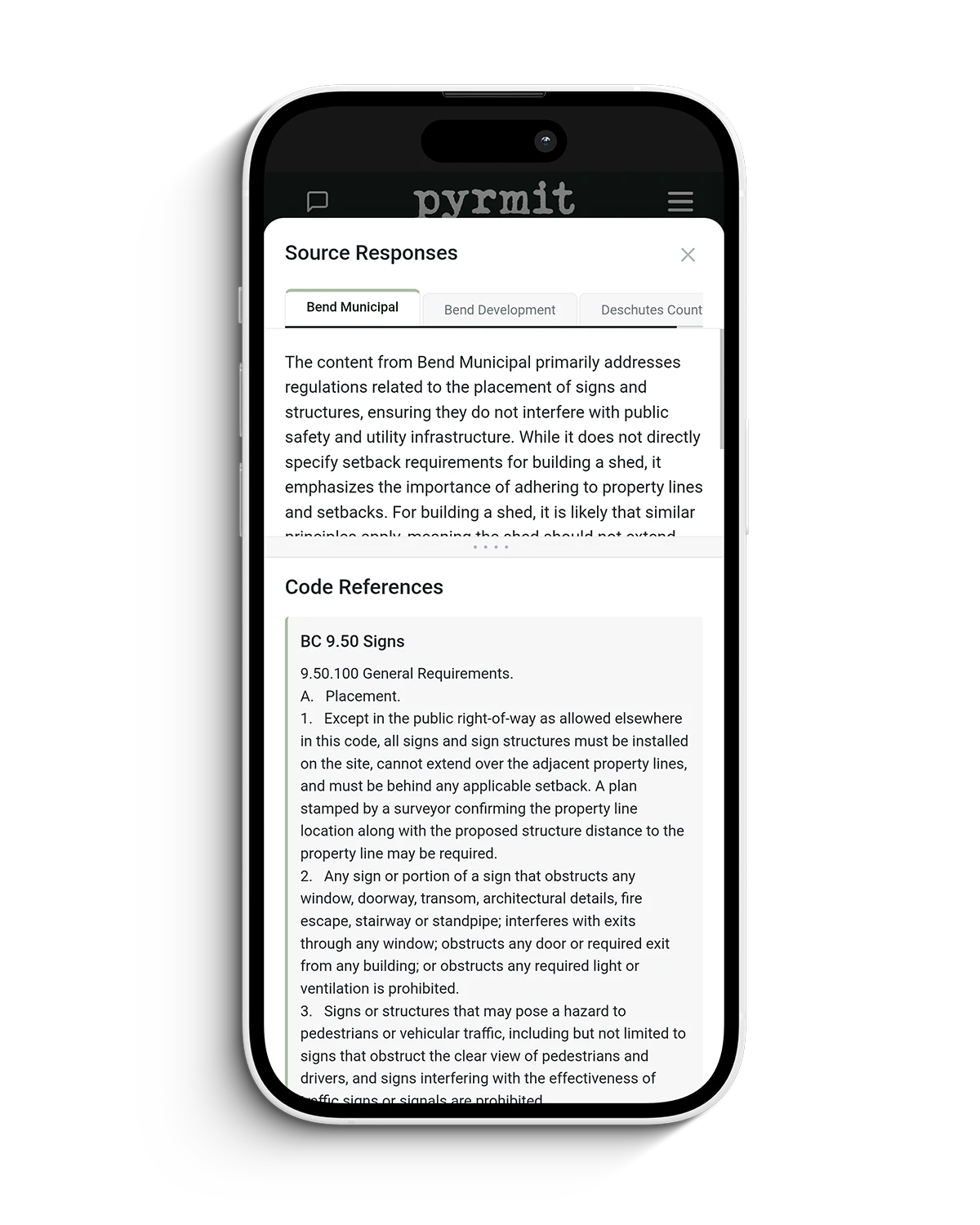pyrmit source responses and specific code references displayed on an iPhone.